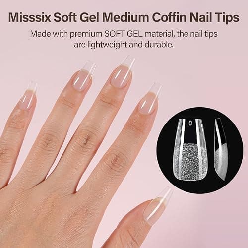 Misssix Medium Coffin Gel x Nail Tips Kit, 216Pcs Pre Etched Clear Nail Tip | Full Cover False Nail 9-in-1 Gel Glue and Portable Mini U V Nail Lamp for Women 12 Sizes thumbnail 2