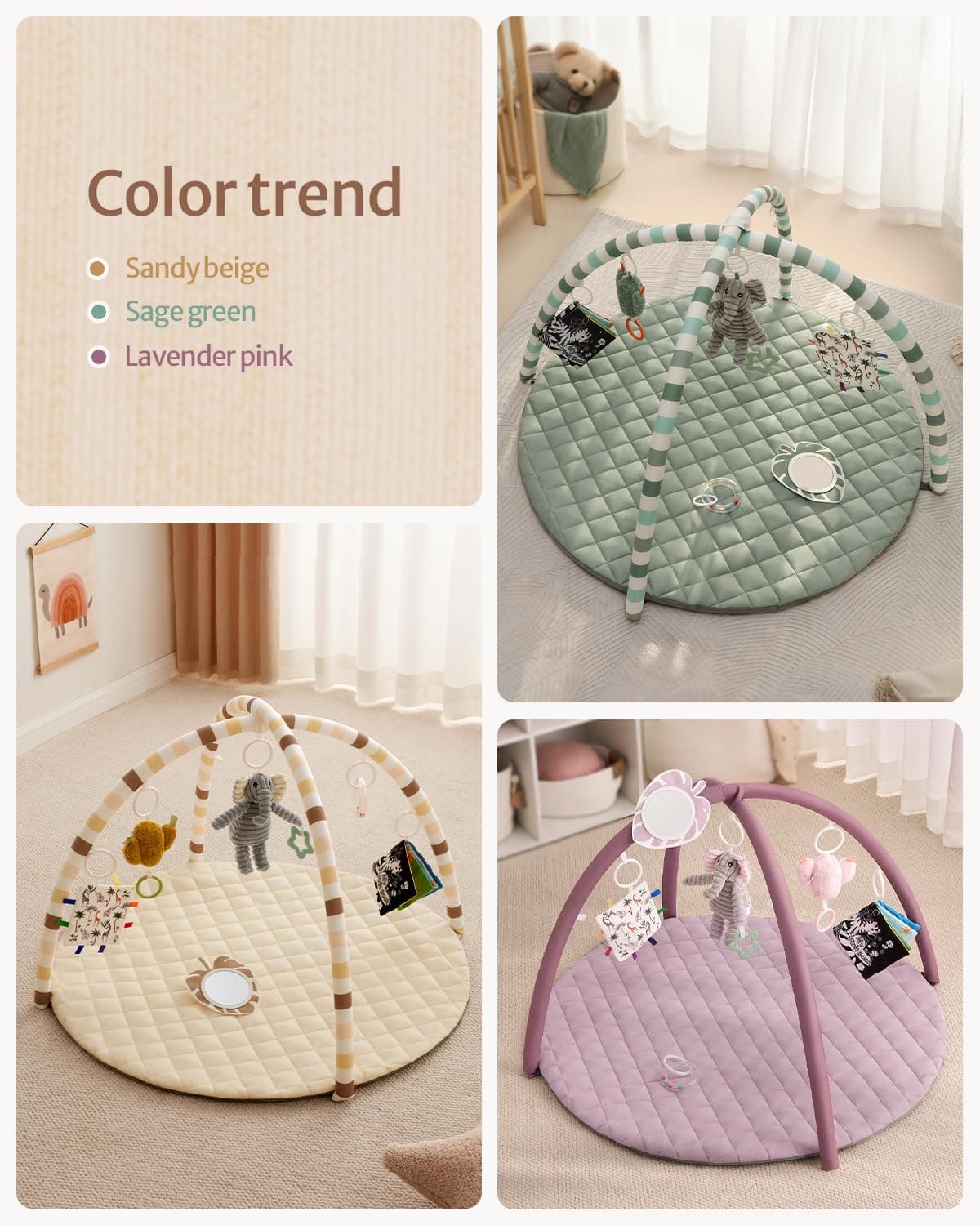 Blissful Diary Baby Play Gym Mat, Tummy Time Activity Mat with 6 Detachable Toys for Stage-Based Sensory & Motor Skill Development, Easy to Install & Clean, Baby Essentials Gift, Sandy Beige thumbnail 7