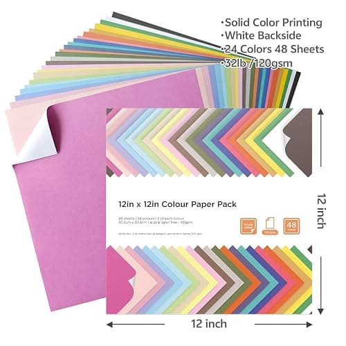 12x12 Scrapbook Paper 48 Sheets 120 gsm 32 lb Brights Pastels & Brights 24 Color Cardstock Paper for Cricut Maker, Scrapbooking, Paper Crafting thumbnail 3