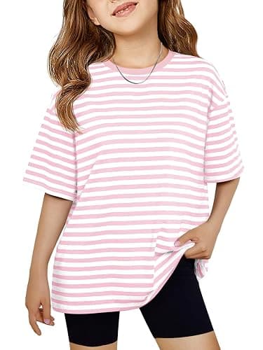 Haloumoning Girls Striped Short Sleeve T Shirts Kids Summer Oversized Tops Casual Crewneck Tees 5-14 Years - Image 1
