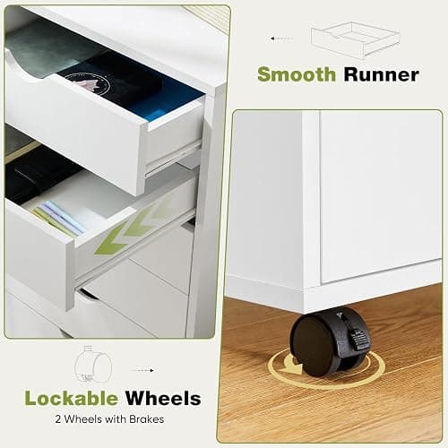 Sweetcrispy 5 Drawer Chest Mobile Storage Cabinets Small Wooden Dresser with Wheels Room Organization Furniture for Office Home, White Wood thumbnail 4