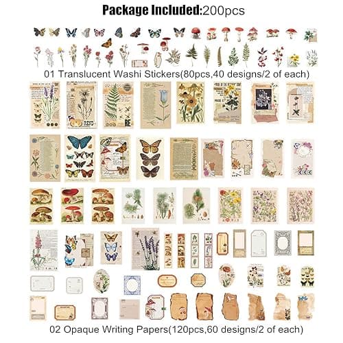 200PCS Vintage Scrapbooking Supplies Kit for Journaling, Scrapbook Sticker Paper Pack for for Bullet Journals Junk Journal Planners Aesthetic Cottagecore Room Decor Wall Art Collage Album (Nature) thumbnail 2