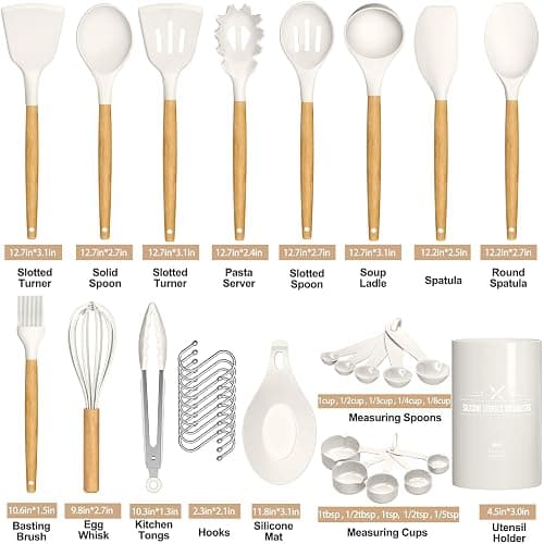 Umite Chef Kitchen Cooking Utensils Set, 33 pcs Non-stick Silicone Cooking Kitchen Utensils Spatula Set with Holder, Wooden Handle Silicone Kitchen Gadgets Utensil Set (Cream White) thumbnail 2