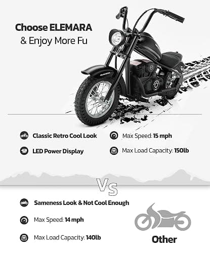 ELEMARA Electric Dirt Bike, 15 mph & 150lb Max, 24V Ride on Toy for Big Kids w/LED Lights & Power Display, Chain-Driven Motor, Twist-Grip Throttle, Shock Springs, Handbrake, 12" Air-Filled Tires-Black thumbnail 2