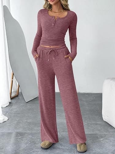 Trendy Queen Women's 2 Piece Matching Lounge Sets Fall Fashion Outfits Henley Neck Sweater Top Wide Leg Pants Sweat Suits thumbnail 2