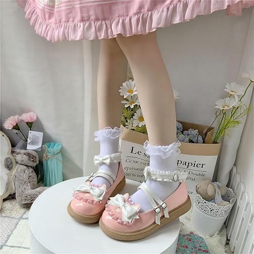Women Lolita Shoes Heel Mary Jane Lace Pumps with Bow Kawaii Cute Cosplay Wedge Boots Cross Strap Block Heel Sweet Style thumbnail 5