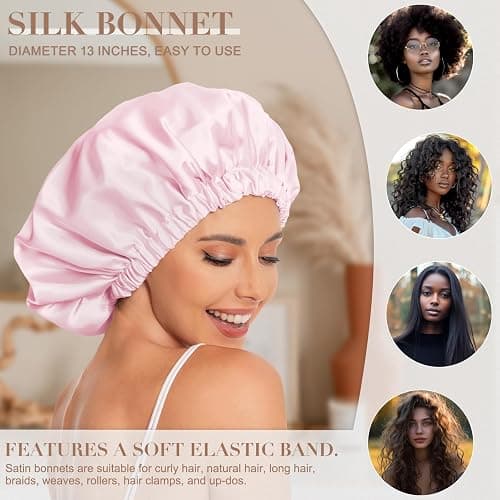 Satin Bonnet Silk Bonnet Hair Bonnet for Sleeping-Slouchy Beanie Hat Satin Sleep Cap for Women's Natural & Curly Hair(Black&Pink) thumbnail 3