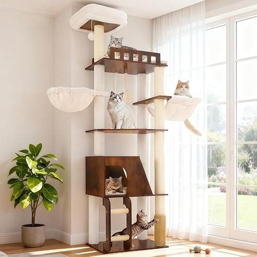 Hey-brother Wooden Cat Tree, 69.7 inch Cats Furniture Tower with Large Platforms, Hammocks, Spacious Condo, Full Sisal Scratching Posts, Ladder, Brush, Water Proof Surface, Rustic Brown MPJ121SR - Image 1