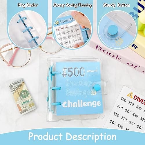Drawelry Mini Money Saving Binder, 25 Cash Envelopes Money Saving Challenge Binder $500 $1000, Portable Savings Book Envelopes Stickers for Budgeting Planner Christmas Birthday Gift (Blue, $500) thumbnail 3
