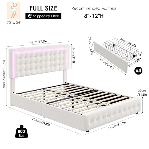 HIFIT Upholstered Full Size LED Bed Frame with Charging Station and 4 Large Storage Drawer, Velvet Button Tufted Full Platform Bed with Adjustable Headboard, No Box Spring Needed, Easy Assembly, Beige - Full thumbnail 2