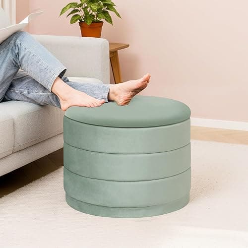 ZOLANOful 23" Round Velvet Storage Ottoman with Reversible Lid, Soft Padded Footrest and Hidden Storage, Large Upholstere Tray Top Ottoman Footstool for Living Room, Bedroom, Entryway, Sage Green thumbnail 7