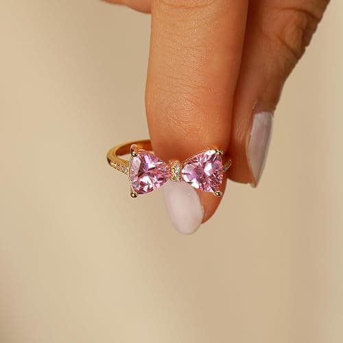 AIBELOPY Pink Bow Rings for Women 925 Sterling Silver 14K Gold Plated Cute Dainty Cubic Zirconia Promise Rings for Her Open Adjustable Stackable Rings Jewelry Birthday Mothers Day Gifts for Her thumbnail 5