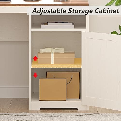 63" Farmhouse L Shaped Desk with Drawers & Printer Shelf for Home Office | Corner Computer Desk with Storage, Power Outlets, L Shaped Office Desk with Monitor Stand, Printer Shelf, Antique White thumbnail 6