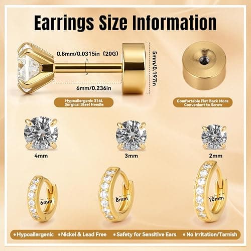 5 Pairs Tiny Huggie Hoop Earrings for Women, Lightweight Mini CZ/Cubic Zirconia Hoops Set for Women's Cartilage Helix Lobe Ear Piercings Small Hoop Earrings 5/6/7/8/9mm thumbnail 2