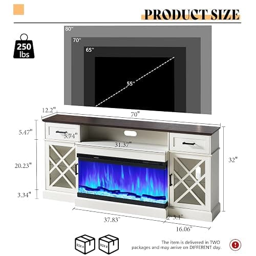AMERLIFE Farmhouse LED Fireplace TV Stand with 3-Sided Glass Fireplace, 70" Large Entertainment Center for TVs up to 80", Rustic TV Console with Glass Door Storage for Living Room, Barnwood+White thumbnail 2