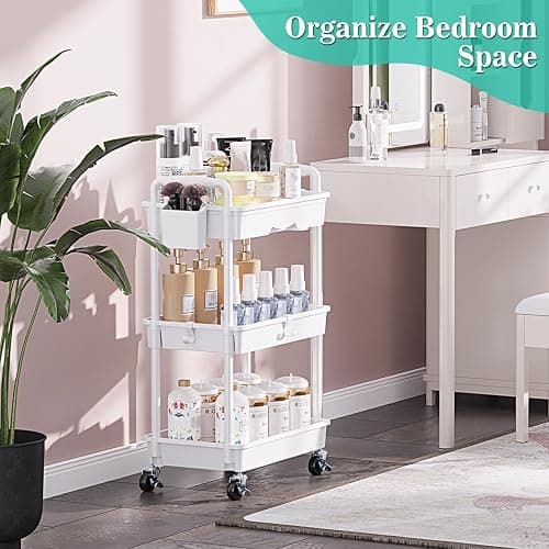 SUNALLY 3 Tier Rolling Cart with Drawer, Bathroom Storage Organizer with 2 Lockable Wheels, Multifunctional Rolling Storage Cart for Bathroom, Kitchen, Office, Craft, Makeup, Baby Essentials, White thumbnail 7