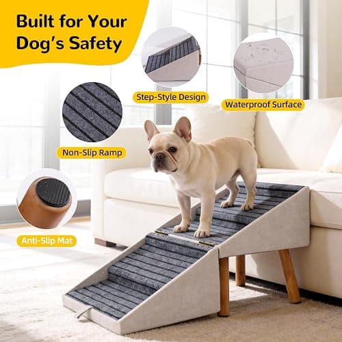 Dog Stairs for Small Dogs, 2-in-1 Foldable Pet Ramp and Ottoman, 17.13" H | Non-slip carpeted steps, solid wood support, gentle incline for couches, and a foldable ottoman design for compact storage. thumbnail 4