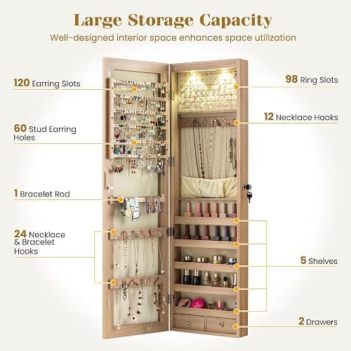 Giantex Wall or Door Mounted Jewelry Armoire with 47.5" Full Length Mirror, Lockable Cabinet with 2 LED Lights, 2 Drawers, Over the Door Large Jewelry Storage Organizer (Light Oak) thumbnail 4