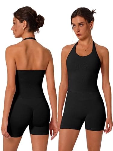 ABOCIW Workout Sets for Women 2 Piece seamless Halter Sports Bra Scrunch Butt Impact Shorts Gym Yoga Outfits - Image 1