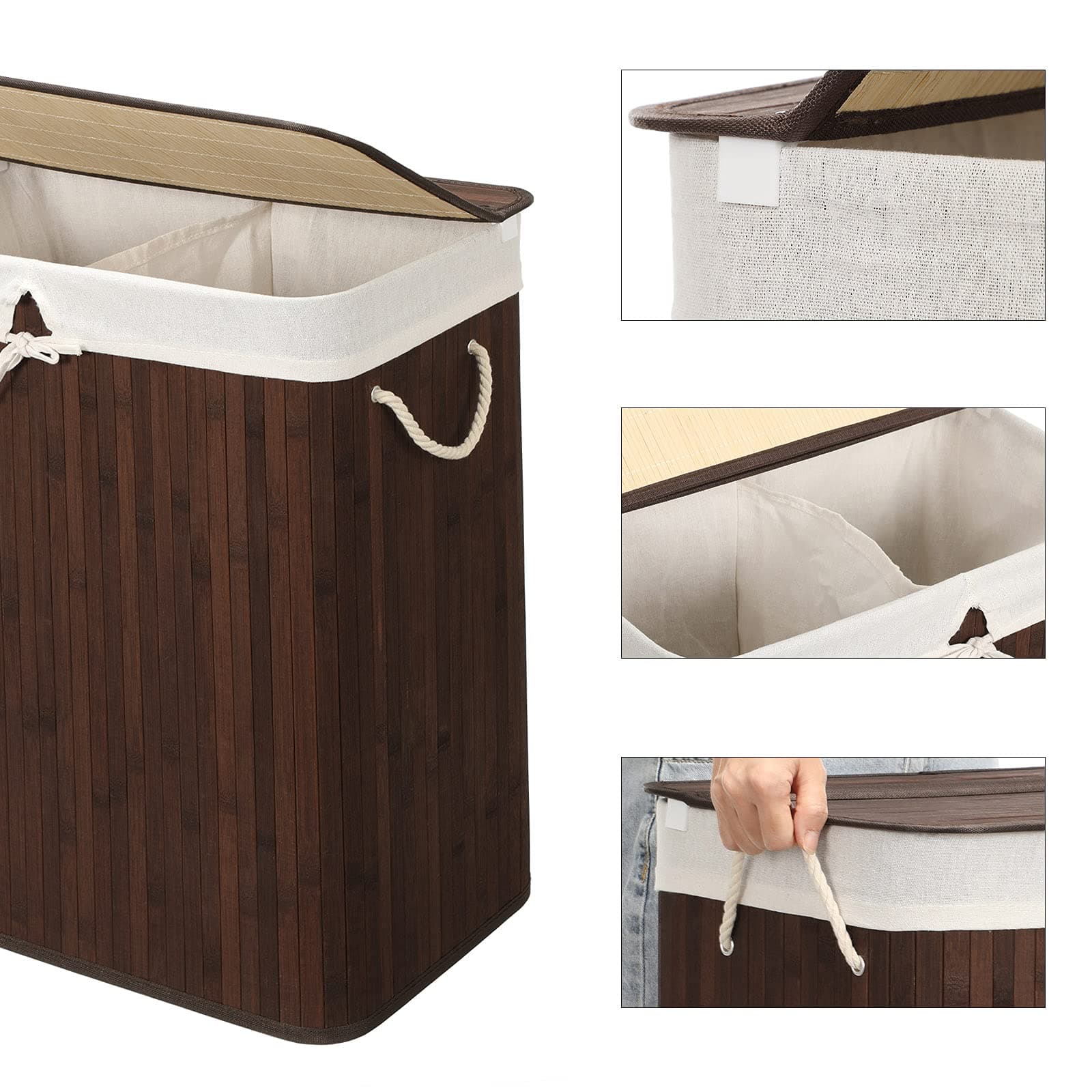 SONGMICS bamboo laundry basket, laundry bin with 2 compartments, laundry sorter with lid and removable laundry bag, cotton handles, 100 L laundry box, brown LCB72Z thumbnail 5