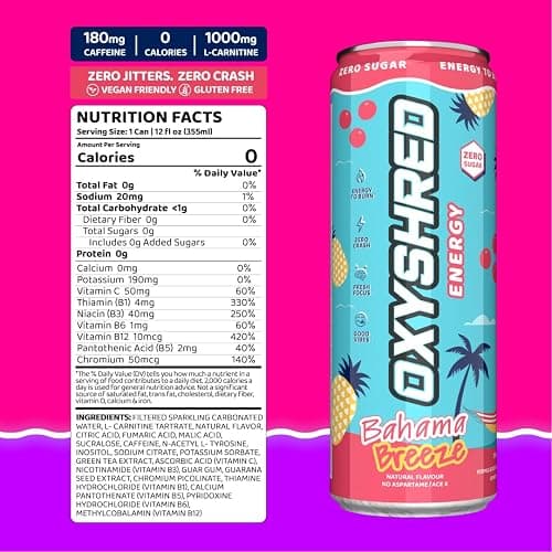 EHP Labs OxyShred Healthy Energy Drink - Zero Sugar Energy Drinks with Amino Acids, Green Tea Extract, Vitamin C & L Carnitine - Zero Carbs, Zero Calories, Clean Caffeine, Bahama Breeze (12-Pack) thumbnail 2
