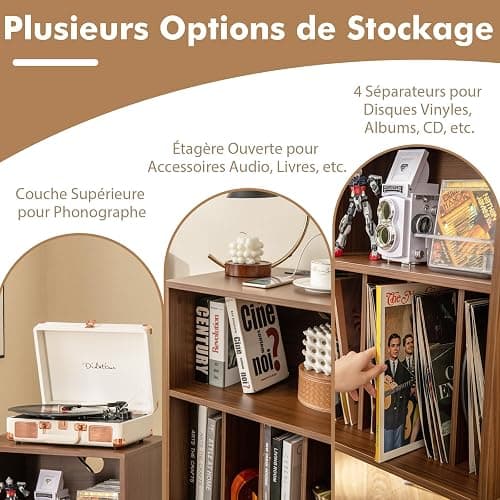 COSTWAY Meuble Tourne-Disque Vinyle avec Prise, Support Tourne-Disque pour Albums avec Station de Charge, 2 Prises, 1 USB,1 Type-C, Pieds en Métal, Table d’Appoint pour Salon Chambre (Noyer) thumbnail 4