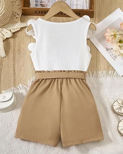 Momkonzz Girls Summer Clothes Set for Kids Flower Sleeveless Tank Top + Shorts + Belt Tween Outfits Size 7-12T thumbnail 5