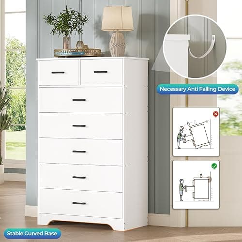 DICTAC White Dresser for Bedroom with 7 Drawers, 55.7" Tall Dressers Chest of Drawers, Modern Large Wood Storage Dresser Organizer with Metal Handle, Vertical Dressers for Bedroom Living Room Nursery thumbnail 5