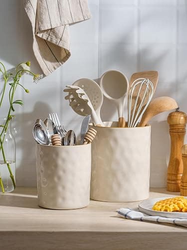famiware Ocean Utensil Holder, 7.2"+5.8" Ceramic Kitchen Utensil Holder for Countertop, Cooking Utensil Crocks, Utensil Organizer for Spatula & Spoon, Kitchen Decor, Set of 2, Vanilla White - Vanilla White thumbnail 2