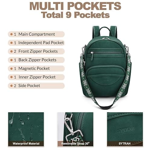 SYTRAH Small Backpack Purse for Women, Mini Backpack Vegan Leather with RFID Blocking & Tablet Pocket, Cute Shoulder Handbag for Travel, School & Work Green thumbnail 6