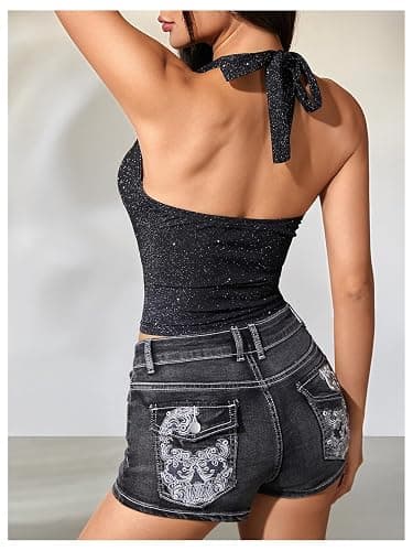 MakeMeChic Women's Sparkly Halter Tops Y2k Backless Deep V Neck Rave Crop Tops thumbnail 2