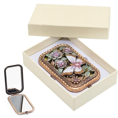 Warmtree Vintage Makeup Mirror Metal Portable Foldable Mirror Butterfly Vanity Mirror Double Sided Compact Cosmetic Mirror Travel Mirror (A) - Image 1