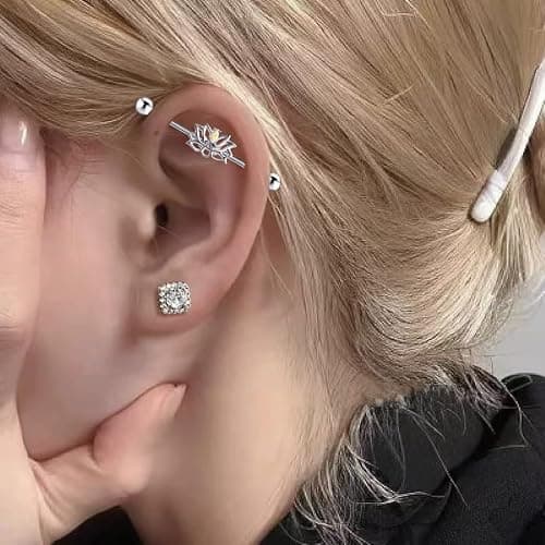 Zynova 14G Lotus Industrial Barbell Earring for Women 316L Surgical Steel AB Color Cubic Zirconia Flower Cartilage Industrial Bar 38mm Industrial Piercing Jewelry thumbnail 2