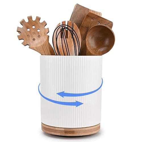 QUELIEN 360° Rotating Kitchen Utensil Holder for Countertop, Large Ceramic Utensil Crock Organizer with Non-Scratch Cork Base, Farmhouse White Cookware Storage Jar, Ideal Housewarming Gift - Image 1