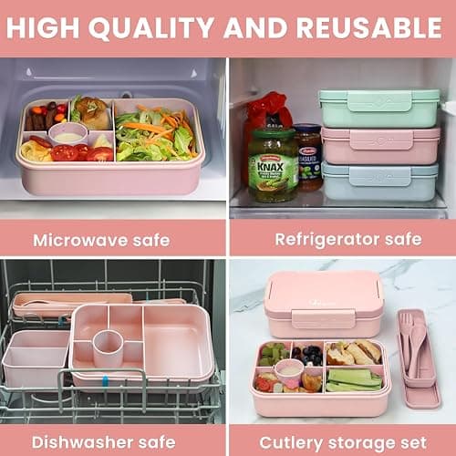 Bugucat Brotdose Kinder mit Fächern 1300ML, Auslaufsicher Lunchbox Kinder, Bento Box mit Besteckset, Brotdose für Erwachsene,Vesperdose Frühstücksbox für Mädchen & Jungen Rosa thumbnail 5
