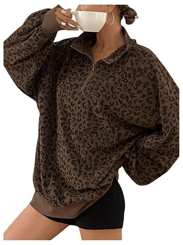 SweatyRocks Women's Leopard Print Oversized Sweatshirt Quarter Zip Collar Long Sleeve Pullover Tops thumbnail 5