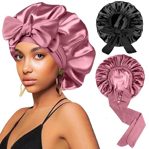 2Pcs Silk Hair Satin Bonnet for Sleeping Women,Large Satin Sleep Bonnets for Women with Elastic Tie Band Silk Hair Wrap with Ajustable Straps,Night Sleep Cap for Curly Braids,Black+Rose Gold - Image 1