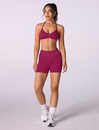 ABOCIW Womens Seamless Workout Sets 2 Piece Strappy Halter Sports Bra Scrunch Butt Shorts Gym Yoga Outfits thumbnail 6