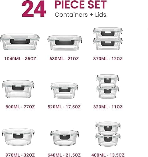 FineDine Glass Storage Containers with Lids - Leak Proof, Dishwasher Safe Glass Food Storage Containers for Meal Prep or Leftovers (Black, 24 Piece) - Black - 24 Piece thumbnail 3