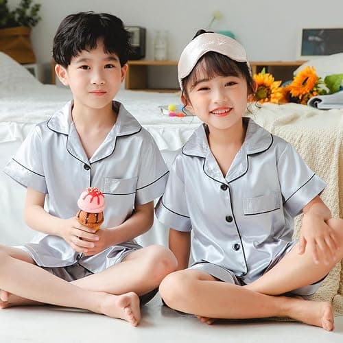 Risipu Silk Pyjamas Kids Set Unisex Short Sleeve Girls Pyjamas Solid Color for Kids thumbnail 4
