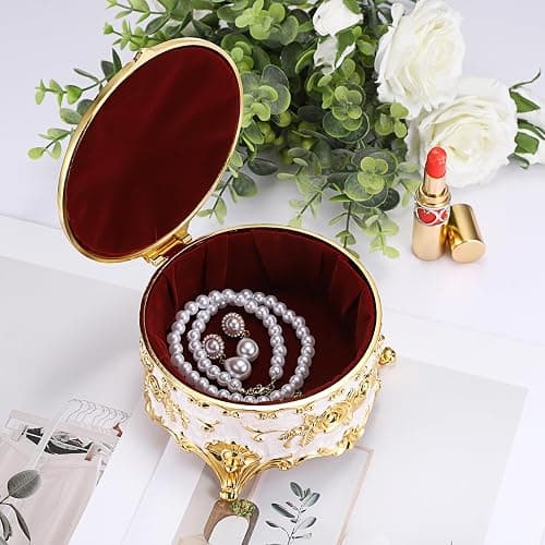Hipiwe Round Jewery Box Metal Trinket Organizer Decorative Keepsake Box for Trrasure Ring Earring Holder Vintage Jewelry Display Case, Beige, 5.7" L x 5.1" W x 3.5" H thumbnail 2