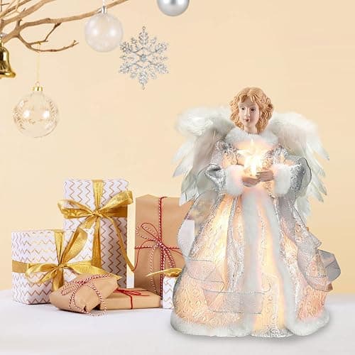 Bigking Angel Christmas Tree Topper, 12 Inches Tall, White Feather Wings and Led Lights. Christmas Tree Angel Ornament, for Home, Holiday Parties, Weddings, Christmas Celebrations. thumbnail 8