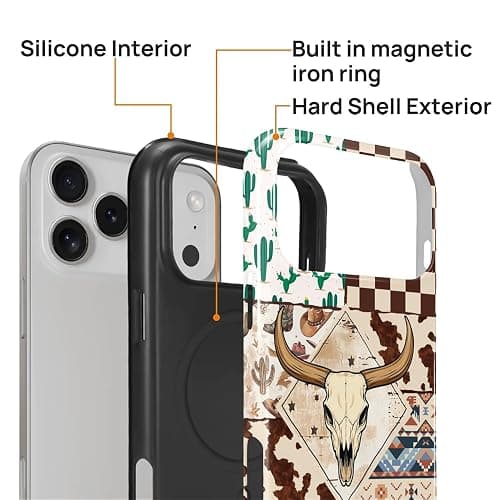 Flivro Magnetic Case for iPhone 17 Pro Max,Compatible with Magsafe PC Hard Shell Silicone Inner Bumper Anti-Scratch Full-Body Cover Shockproof Slim Design Western Cowboy Bull Skeleton thumbnail 2