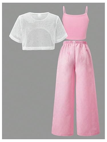 Floerns Girl's 3 Piece Summer Street Outfits Cartoon Camisole Wide Leg Denim Pants with Mesh Crop Tops thumbnail 2