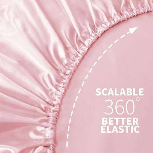 NSGZ Satin Fitted Sheet Twin, Single Silky Fitted Sheet Only Soft Deep Pocket Bottom Bed Sheets, Wrinkle Free & Fade Resistant & Breathable Bottom Sheets- Pink thumbnail 5