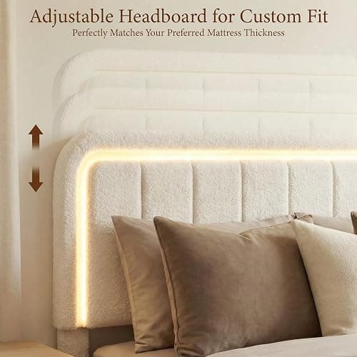 Yechen Cloud Full Size Bed Frame with Adjustable Headboard, Boucle Upholstered Bed Frame with LED Light, 4 Storage Drawers, Soft Curved Corners, No Box Spring Needed, Easy Assembly, Beige thumbnail 5