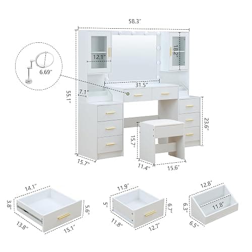 FOREST GRAVITY 58.3'' Large Vanity with Folding Up Mirror and Lights,Makeup Vanity Desk with Mirror and Lights,Outlet, Chair and Two Makeup Organizers,Dressing Table for Bedroom,White thumbnail 2