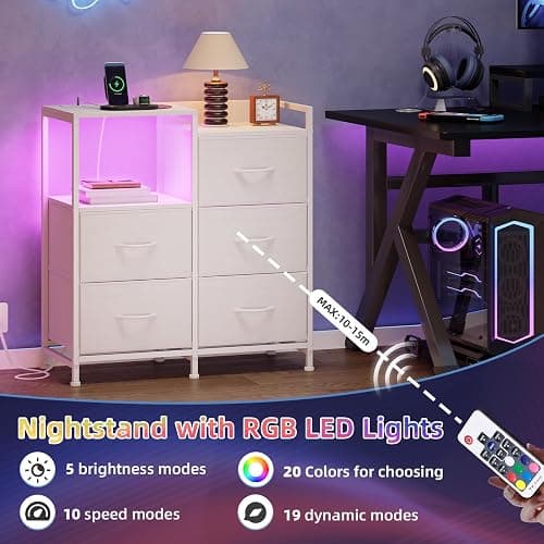 Somdot White Nightstand with Charging Station and LED Light, Wide 5 Drawers Dresser for Bedroom with Fabric Bins and Open Shelf for Bedroom Kids Closet Dorm Guest Room, White Leather thumbnail 5