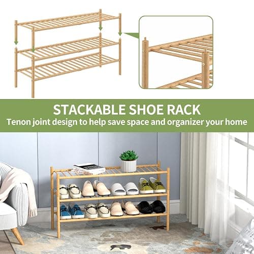 ROMGUAR CRAFT 3-Tier Bamboo Long Shoe Rack, Free Standing Wood Shoe Shelf Storage Organizer for Closet Entryway Stackable 35"x11"x20" (Natural) thumbnail 6