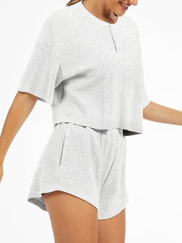 AnotherChill Women's Cropped Waffle Knit Lounge Set – Short Sleeve Henley Top and High Waisted Shorts 2 Piece Casual Outfit thumbnail 3